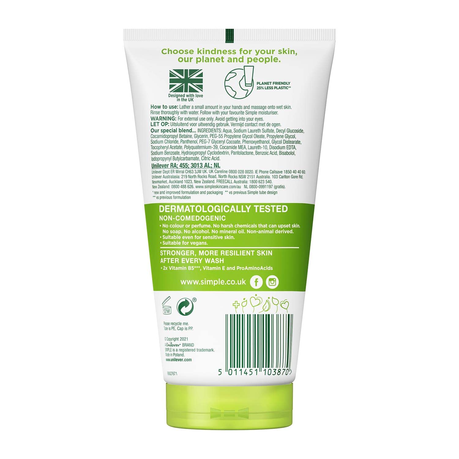 Simple Kind To Skin Moisturising Facial Wash with Vitamin B5+E-150ml