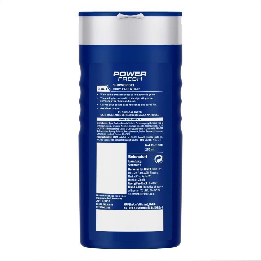 Nivea Men Power Fresh Shower Gel for Body, Face & Hair 250ml thumbnail 3