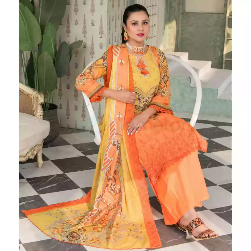 Pakistani Luxury Printed Embroidered Stripe Lawn with Jacquard Voil Dupatta-1021