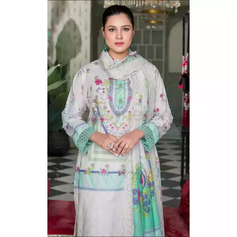 Pakistani Luxury Printed Embroidered Stripe Lawn with Jacquard Voil Dupatta-1022