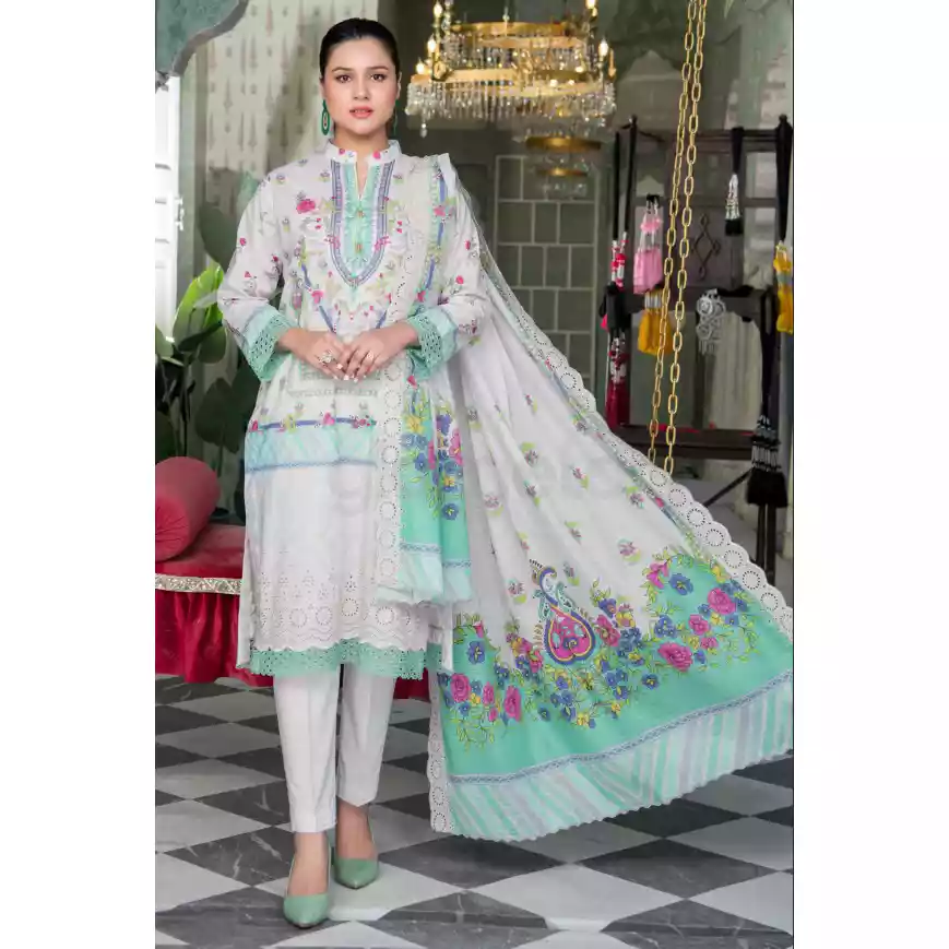 Pakistani Luxury Printed Embroidered Stripe Lawn with Jacquard Voil Dupatta-1022