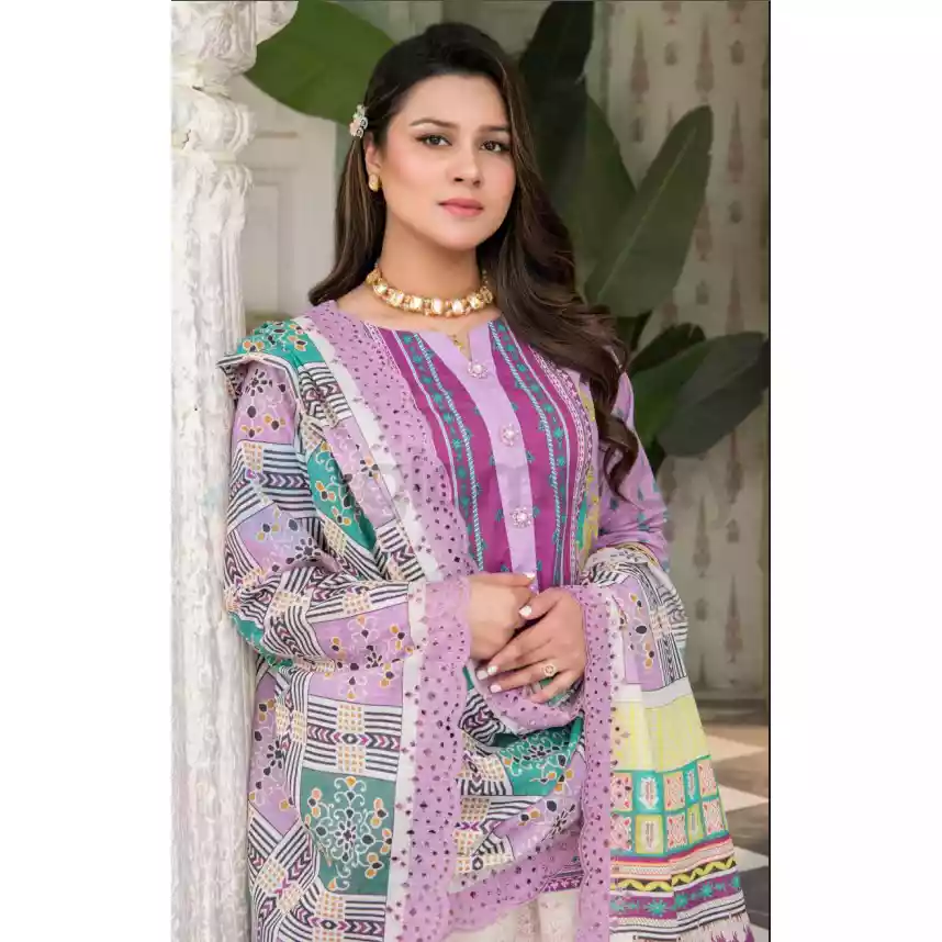 Pakistani Luxury Printed Embroidered Stripe Lawn with Jacquard Voil Dupatta-1023