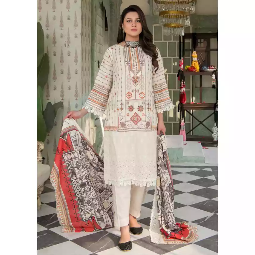 Pakistani Luxury Printed Embroidered Stripe Lawn with Jacquard Voil Dupatta-1024