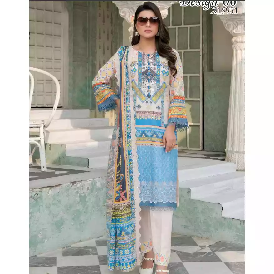 Pakistani Luxury Printed Embroidered Stripe Lawn with Jacquard Voil Dupatta-1026