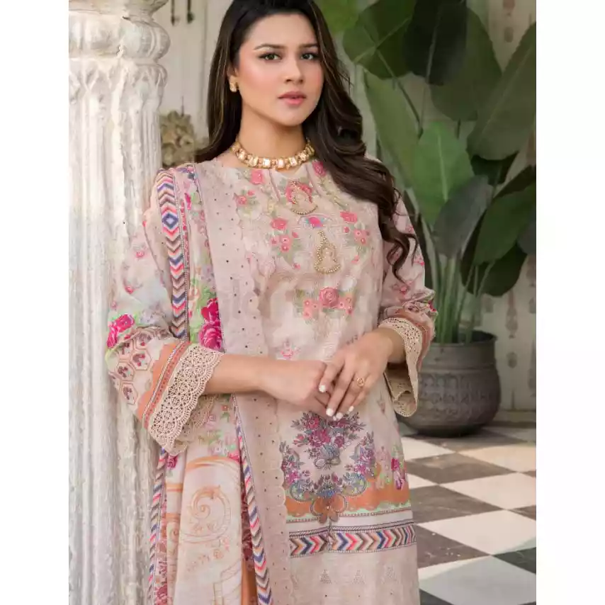 Pakistani Luxury Printed Embroidered Stripe Lawn with Jacquard Voil Dupatta-1027