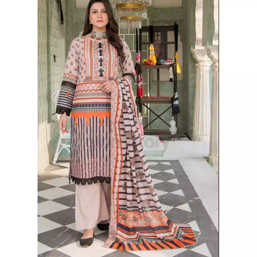 Pakistani Luxury Printed Embroidered Stripe Lawn with Jacquard Voil Dupatta-1029