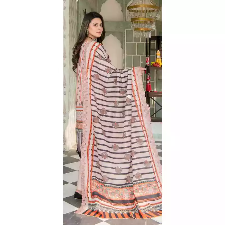 Pakistani Luxury Printed Embroidered Stripe Lawn with Jacquard Voil Dupatta-1029