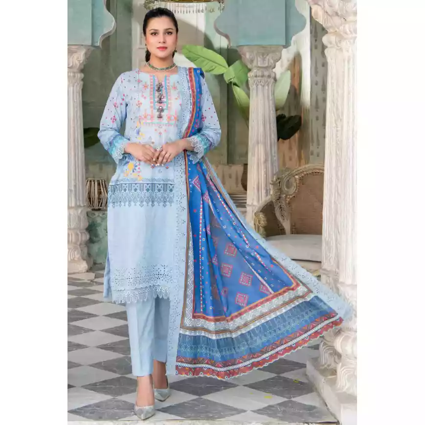 Pakistani Luxury Printed Embroidered Stripe Lawn with Jacquard Voil Dupatta-1030