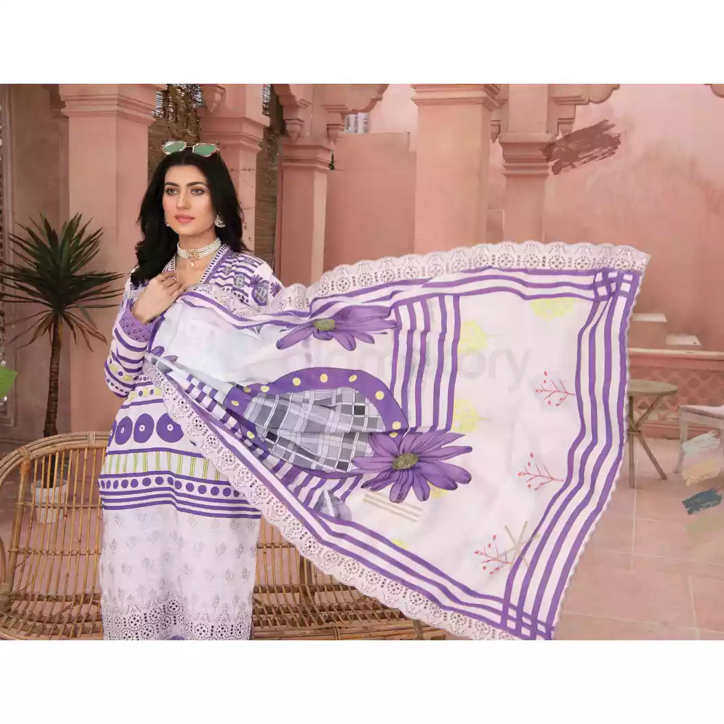 Pakistani Luxury Printed Embroidered Stripe Lawn with Jacquard Voil Dupatta-1031