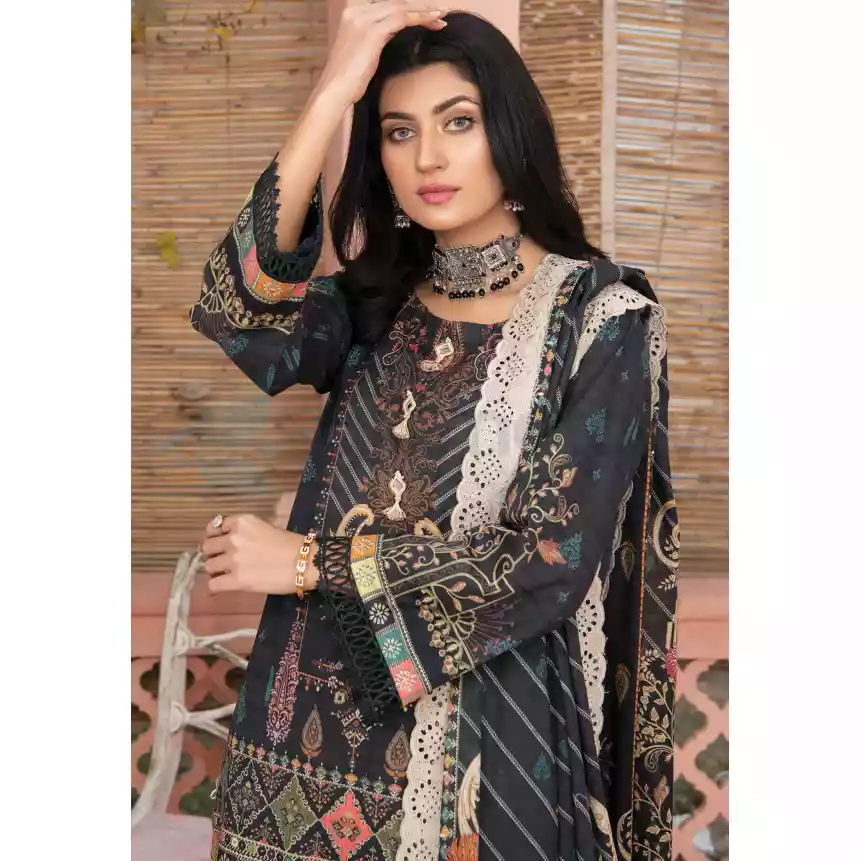 Pakistani Luxury Printed Embroidered Stripe Lawn with Jacquard Voil Dupatta-1032