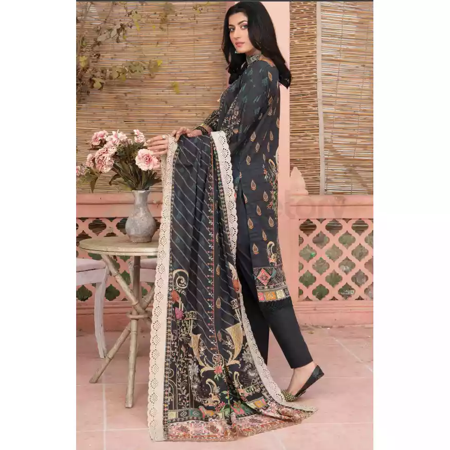 Pakistani Luxury Printed Embroidered Stripe Lawn with Jacquard Voil Dupatta-1032