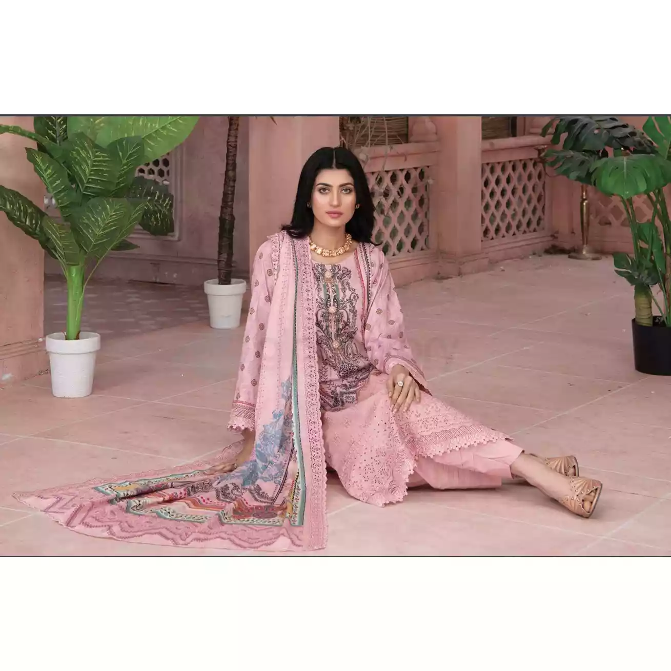 Pakistani Luxury Printed Embroidered Stripe Lawn with Jacquard Voil Dupatta-1034