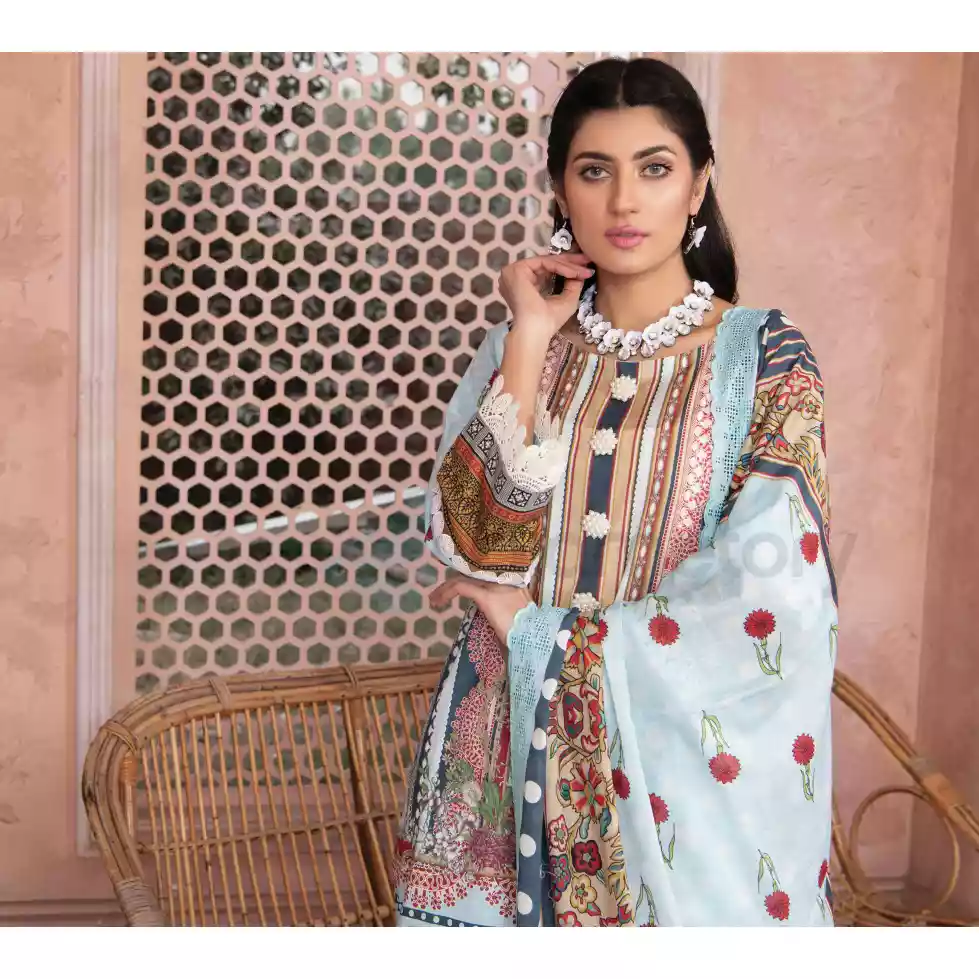 Pakistani Luxury Printed Embroidered Stripe Lawn with Jacquard Voil Dupatta-1035
