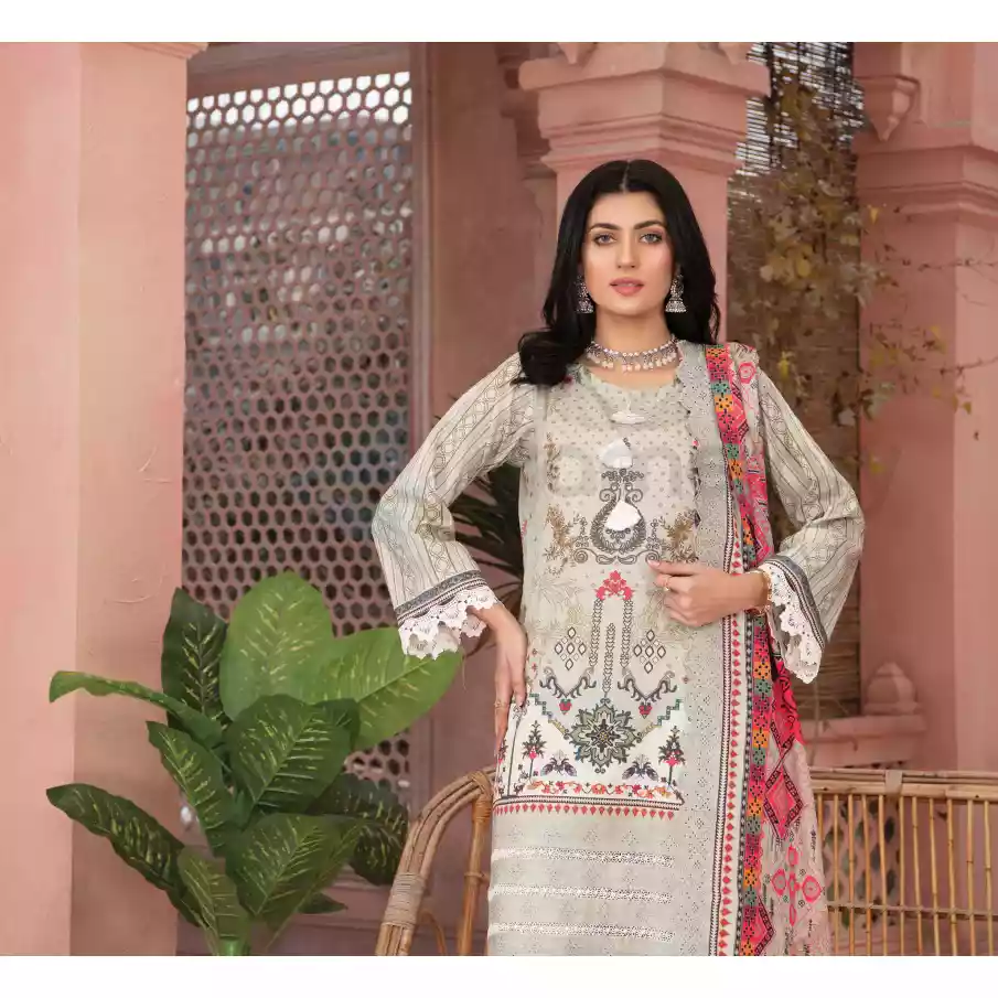 Pakistani Luxury Printed Embroidered Stripe Lawn with Jacquard Voil Dupatta-1036