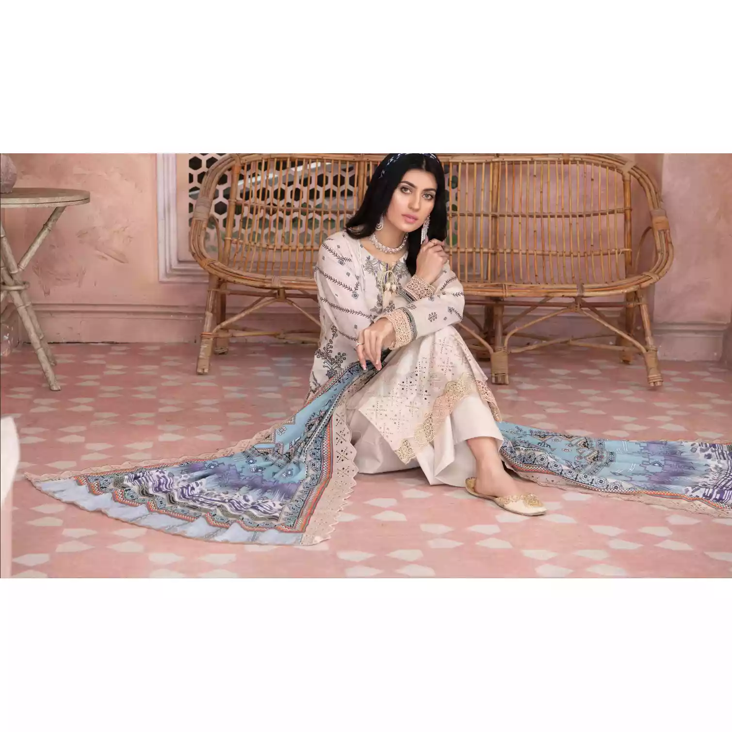 Pakistani Luxury Printed Embroidered Stripe Lawn with Jacquard Voil Dupatta-1038