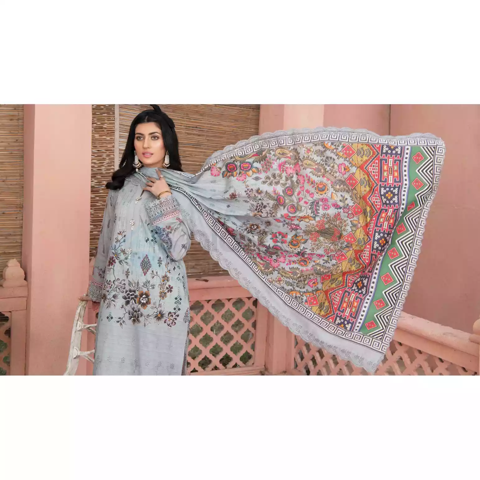 Pakistani Luxury Printed Embroidered Stripe Lawn with Jacquard Voil Dupatta-1039