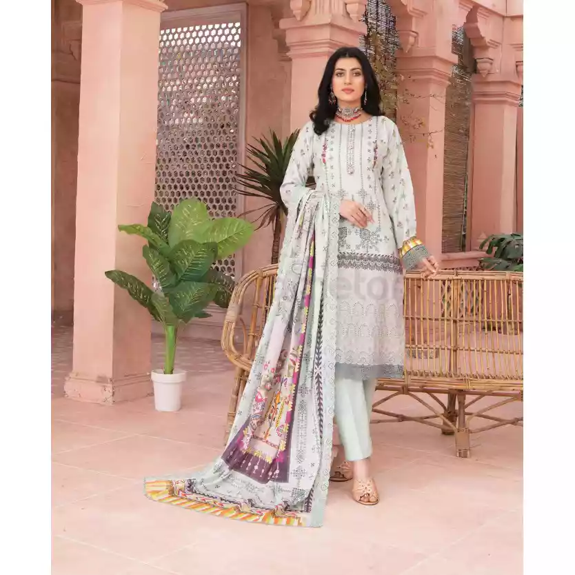 Pakistani Luxury Printed Embroidered Stripe Lawn with Jacquard Voil Dupatta-1040