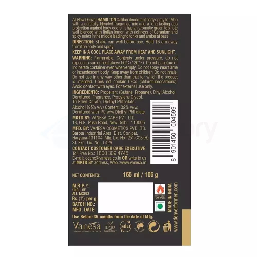 Denver Caliber Hamilton Deodorant Body Spray-165ml